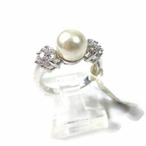 Solitaire Pearl & CZ Cubic Zirconia Cluster Ring Silver Tone Rhodium Plated Sz 5